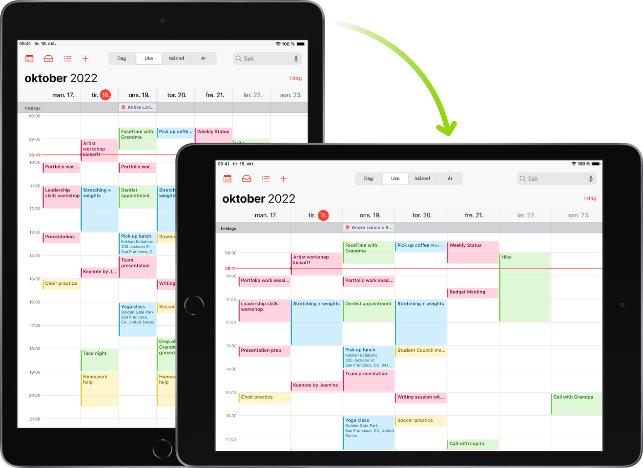 I bakgrunnen er en iPad som viser en Kalender-skjerm i stående retning, og i forgrunnen er iPaden snudd og viser Kalender-skjermen i liggende retning.