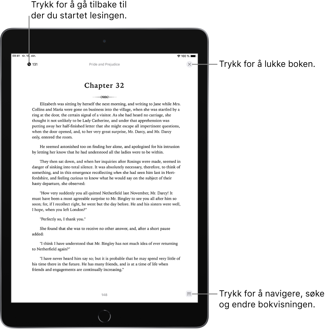 En bokside i Bøker-appen Øverst på skjermen vises knappene for å gå tilbake til siden du begynte å lese på og for å lukke boken. Meny-knappen vises nederst til høyre på skjermen.