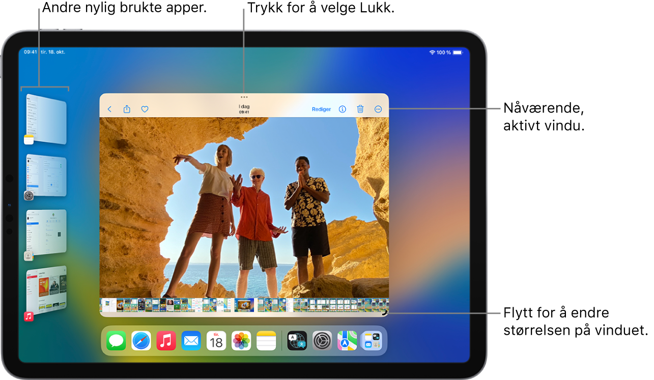 En iPad-skjerm med Stage Manager slått på. Gjeldende vindu er i midten av skjermen med fleroppgavekontroller øverst, og størrelseskontrollen nederst til høyre. Nylige apper vises i en liste til venstre. Appene i Dock vises nederst på skjermen.