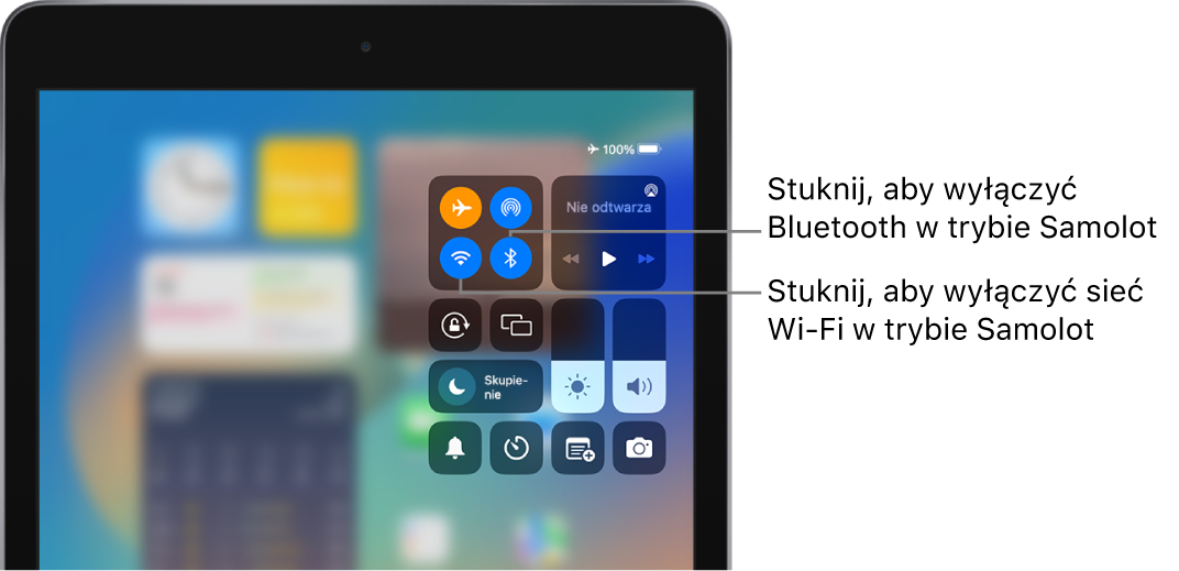 Centrum sterowania z włączonym trybem Samolot. W lewym górnym rogu centrum sterowania widoczne są przyciski do wyłączania Wi‑Fi oraz Bluetooth.