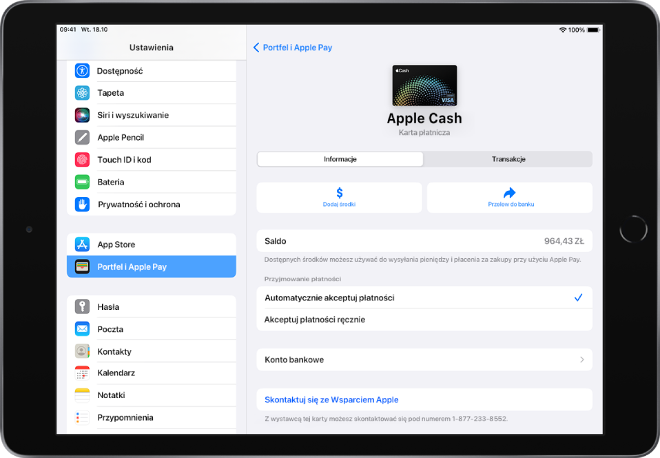 Ekran szczegółów karty Apple cache; po prawej stronie, nad saldem widoczne są przycisk Dodaj środki i Przelew do banku.