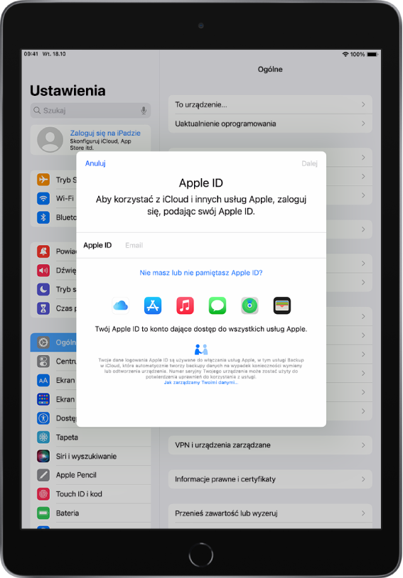 Ekran aplikacji Ustawienia; na środku wyświetlane jest okno dialogowe logowania przy użyciu Apple ID.