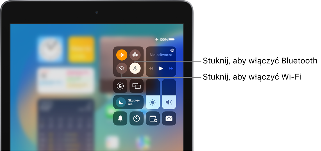 Centrum sterowania z włączonym trybem Samolot. W lewym górnym rogu centrum sterowania widoczne są przyciski do włączania Wi‑Fi oraz Bluetooth.
