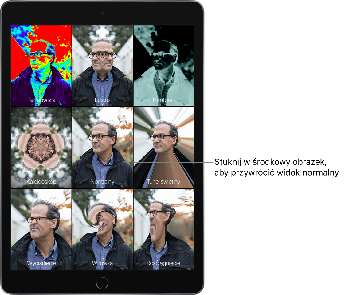 Ekran aplikacji Photo Booth zawierający mozaikę złożoną z dziewięciu wersji portretu mężczyzny z różnymi efektami. W górnym wierszu (od lewej do prawej): Termowizja, Lustro, Rentgen. W środkowym wierszu (od lewej do prawej): Kalejdoskop, Normalny, Tunel świetlny. W dolnym wierszu (od lewej do prawej): Wyciśnięcie, Wirówka, Rozciągnięcie.