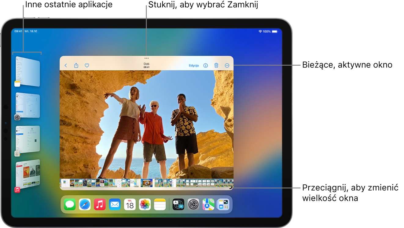 Ekran iPada pokazujący widok Stejdż Menedżer. Bieżące okno jest wyświetlany na środku ekranu; nad nim znajdują się narzędzia wielozadaniowości. W prawym dolnym rogu widoczne jest narzędzie zmiany wielkości. Ostatnie aplikacje są wyświetlane na liście po lewej stronie. Na dole ekranu znajduje się Dok z aplikacjami.