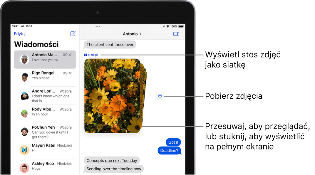 Rozmowa w aplikacji Wiadomości zawierająca zbiór zdjęć przedstawiających osoby i kwiaty. Obok zdjęć znajduje się przycisk zachowywania.