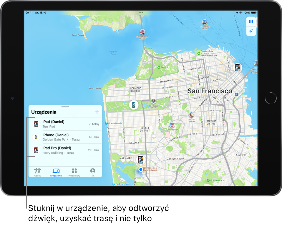 Lista Urządzenia w aplikacji Znajdź. Lista obejmuje trzy urządzenia: iPad (Daniel), iPod touch (Daniel) oraz iPhone (Daniel). Ich położenie jest wyświetlane na mapie San Francisco.