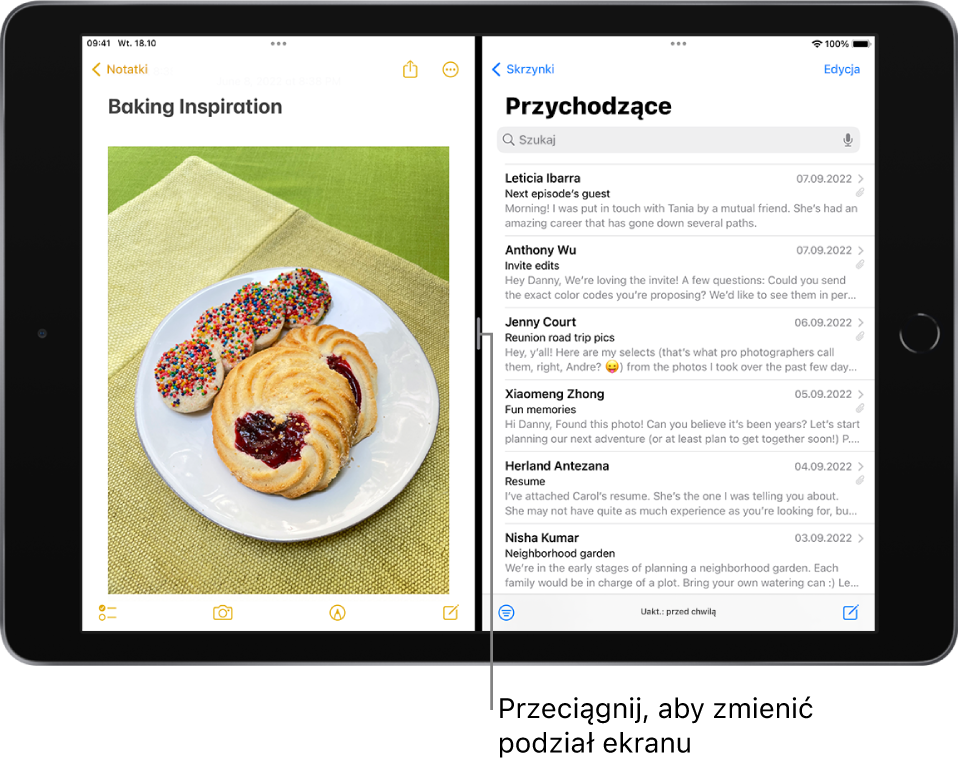 Po lewej stronie ekranu otwarta jest aplikacja Notatki. Po prawej stronie ekranu otwarta jest aplikacja Poczta. Między aplikacjami znajduje się regulowany separator, przy użyciu którego można zmienić wielkość podziału.