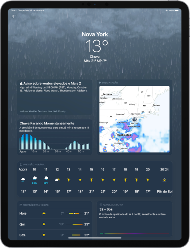 Tela do Tempo mostrando chuva em segundo plano e, de cima para baixo: localização, temperatura atual, Chuva, temperaturas máxima e mínima do dia, aviso de tempo de Vento Severo e mais dois, previsão de chuva na próxima hora e um mapa de precipitação. Abaixo do aviso de tempo e informações de precipitação, está a previsão de hora em hora, a previsão de 10 dias no lado inferior esquerdo da tela e a escala de qualidade do ar no lado inferior direito da tela.