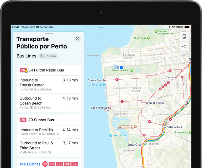 Um mapa mostrando linhas principais de transporte público. Um cartão Transporte Público por Perto à esquerda mostra quatro linhas sugeridas.