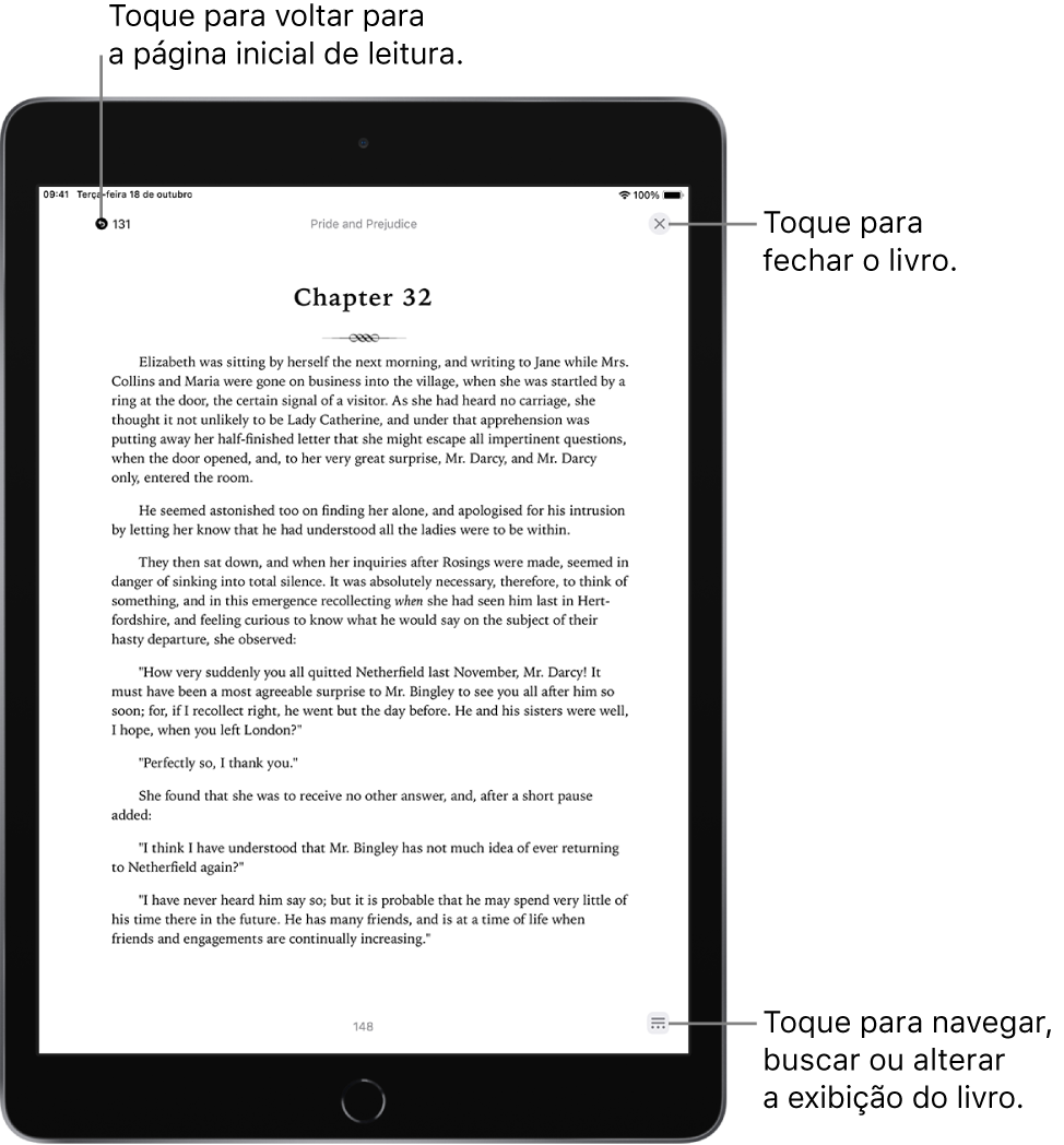 Página de um livro no app Livros. Na parte superior da tela há botões para voltar para a página onde você começou a ler e para fechar o livro. Na parte inferior direita da tela está o botão Menu.