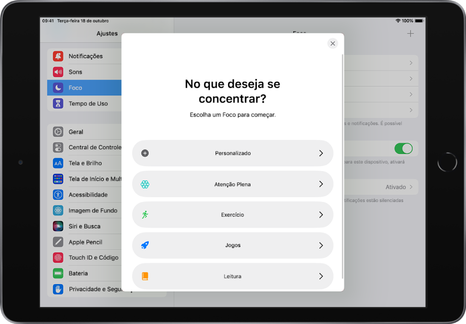 Tela de configuração de Foco para uma das opções adicionais de Foco fornecidas, incluindo Personalizado, Exercício, Jogos, Atenção Plena e Leitura.