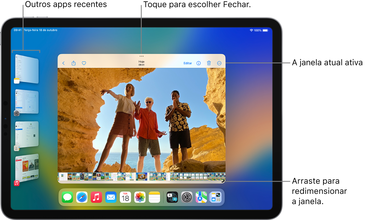 Tela do iPad com o Organizador Visual ativado. A janela atual está no centro da tela com os controles de multitarefa na parte superior e um controle de redimensionamento no canto inferior direito. Os apps recentes aparecem em uma lista no lado esquerdo. Os apps no Dock aparecem na parte inferior da tela.