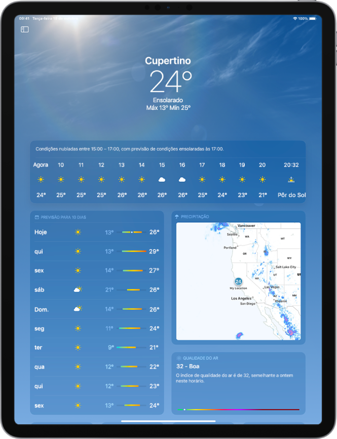 Tela do Tempo mostrando, de cima para baixo: localização, temperatura atual, temperaturas máxima e mínima do dia, previsão de hora em hora e previsão de 10 dias no lado esquerdo da tela, e um mapa de precipitação e escala de qualidade do ar no lado direito da tela.