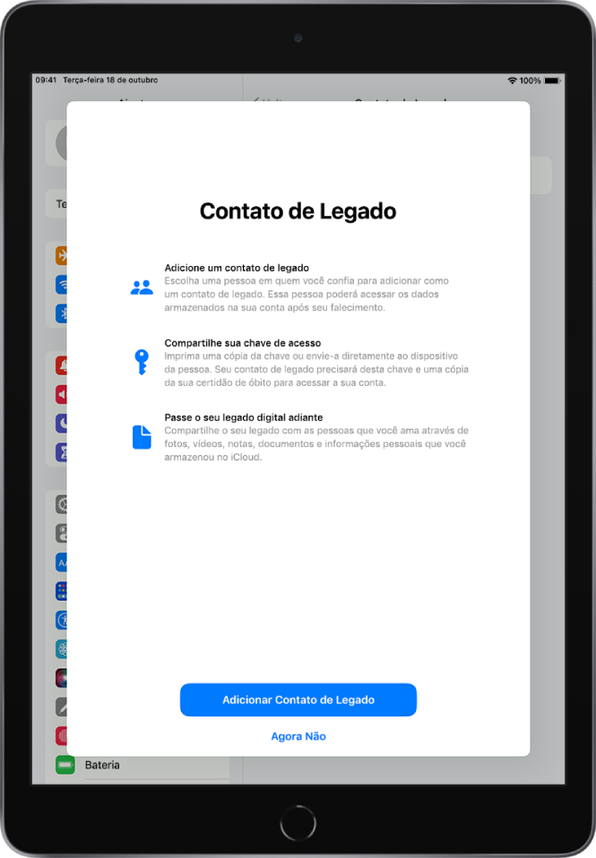 A tela de Contato de Legado com informações sobre esse recurso. O botão Adicionar Contato de Legado está na parte inferior.