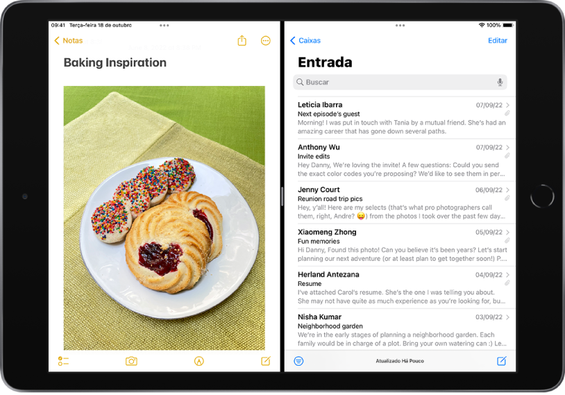 O app Notas está aberto no lado esquerdo da tela e o app Mail está aberto no lado direito. Entre os apps há um divisor ajustável usado para redimensionar a Split View.