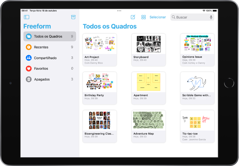 O Freeform está aberto no iPad. A opção Todos os Quadros está selecionada na barra lateral e nove miniaturas de quadros aparecem à direita.