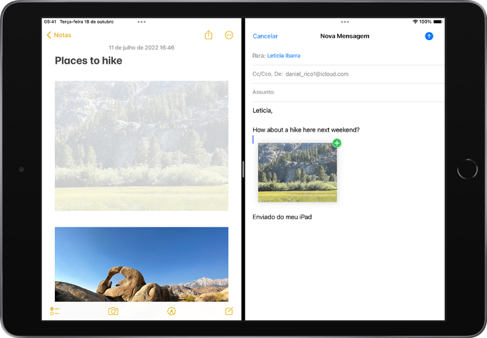 Uma Split View com o app Notas aberto à esquerda e um e-mail aberto à direita. Um fotografia do app Notas é arrastada para o e-mail.