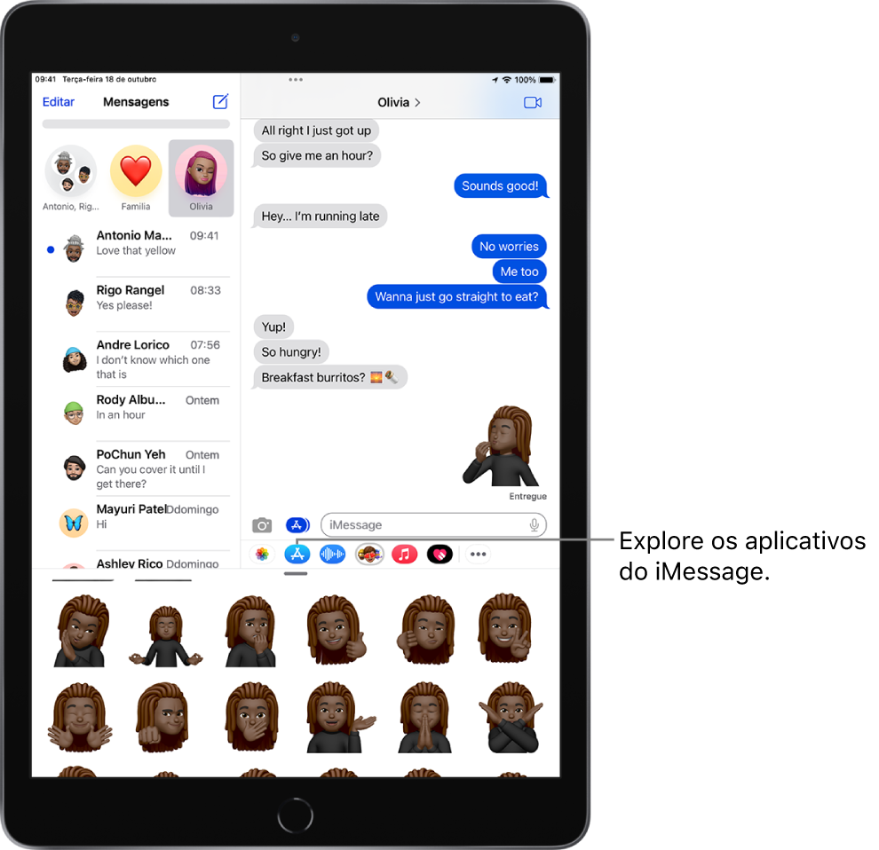 Uma conversa no app Mensagem com o ícone do app para iMessage, Memoji, selecionado e adesivos de Memoji na parte inferior da tela.