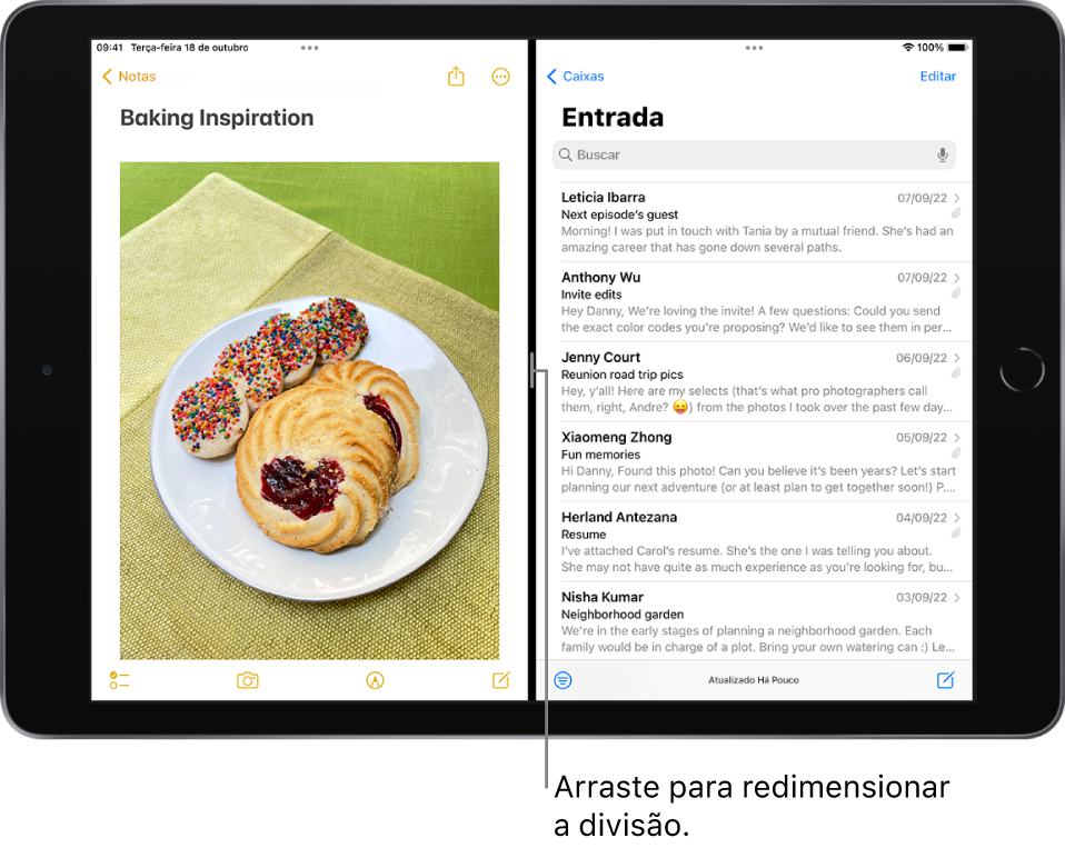 O app Notas está aberto no lado esquerdo da tela e o Mail está aberto no lado direito. Entre os apps, há um divisor ajustável, usado para redimensionar a divisão.