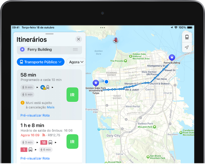 Um mapa mostrando duas rotas de transporte público. Um cartão de rota à esquerda mostra botões Ir para diversas opções da rota.