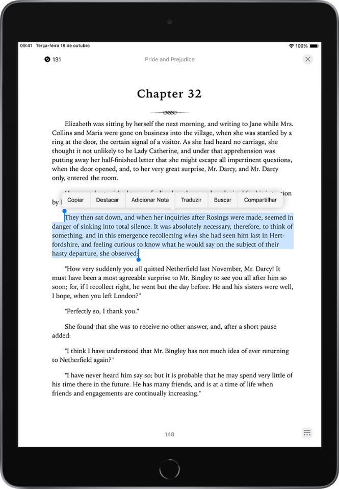 Página de um livro no app Livros, com uma parte do texto da página selecionado. Os controles Copiar, Destacar e Adicionar Nota estão acima do texto selecionado.