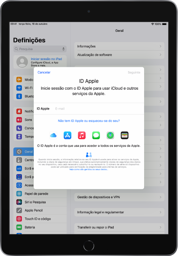 O ecrã Definições, com a caixa de diálogo de início de sessão do ID Apple no meio do ecrã.