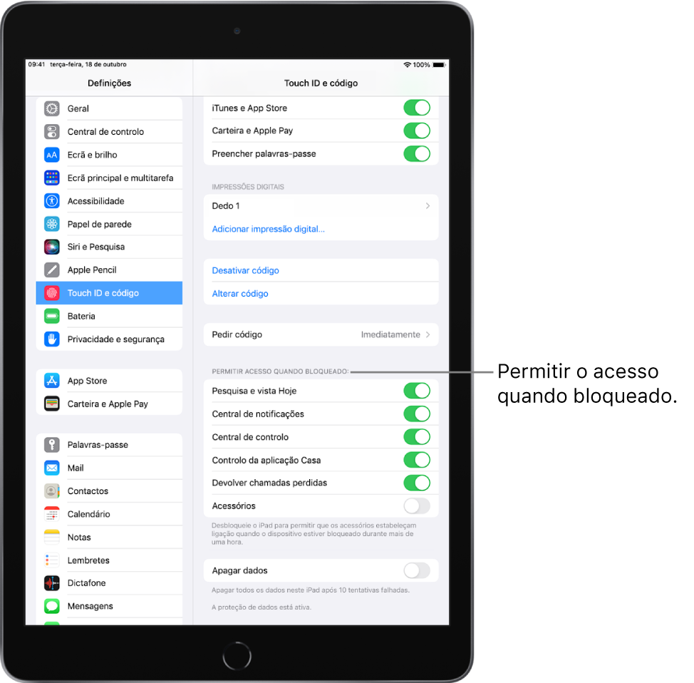 As definições de Touch ID e código, com opção para permitir acesso a funcionalidades específicas com o iPad bloqueado.