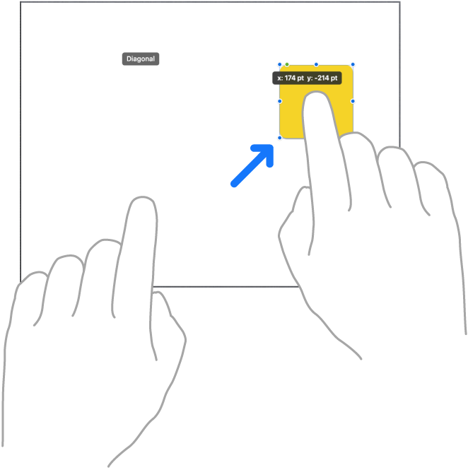 Uma ilustração mostra dois dedos de uma mão a mover um elemento em linha reta no Freeform.