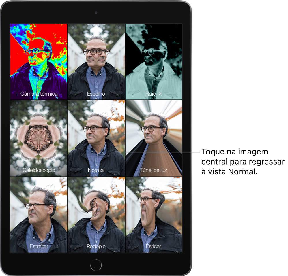Um ecrã de Photo Booth mostra nove vistas de um rosto masculino com diferentes efeitos em mosaicos diferentes. Na linha superior, da esquerda para a direita, estão os efeitos de câmara térmica, espelho e raio‑x. Na linha do meio, da esquerda para a direita, estão os efeitos de caleidoscópio, Normal e túnel de luz. Na linha inferior, da esquerda para a direita, estão os efeitos de estreitar, rodopio e esticar.