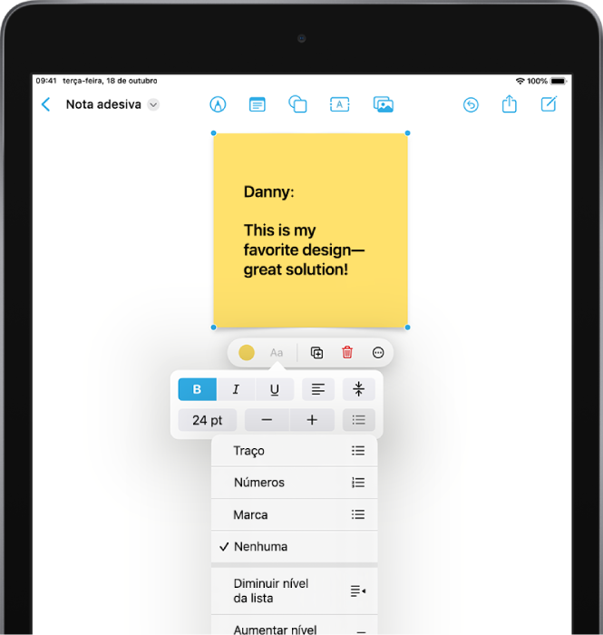 Uma nota adesiva selecionada num quadro Freeform com as ferramentas de formatação visíveis, incluindo estilos de lista.