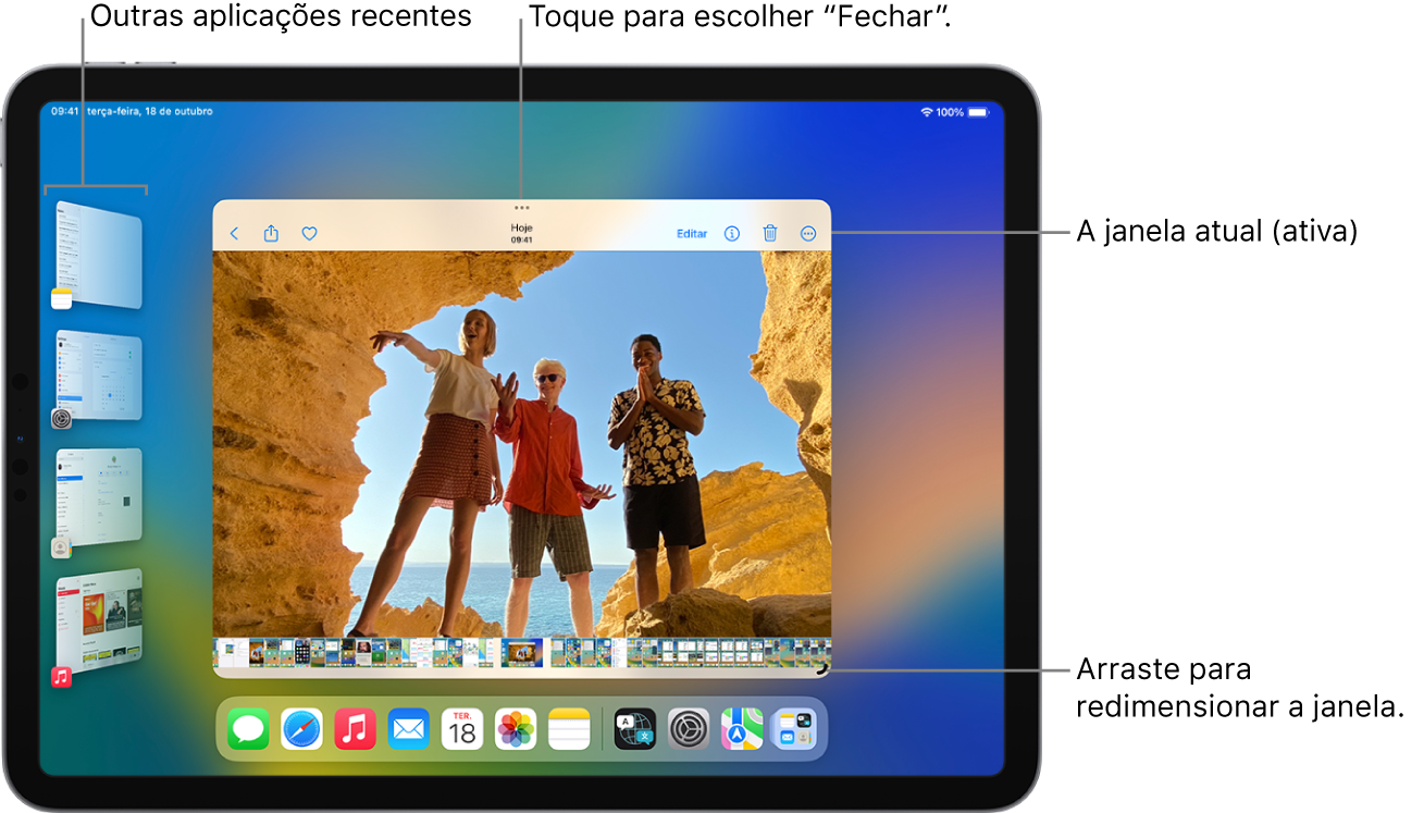 O ecrã de um iPad com o Stage Manager ativado. A janela atual está no centro do ecrã com os controlos multitarefa na parte superior e um controlo de redimensionamento no canto inferior direito. As aplicações recentes aparecem na lista do lado esquerdo. As aplicações na Dock aparecem na parte inferior do ecrã.