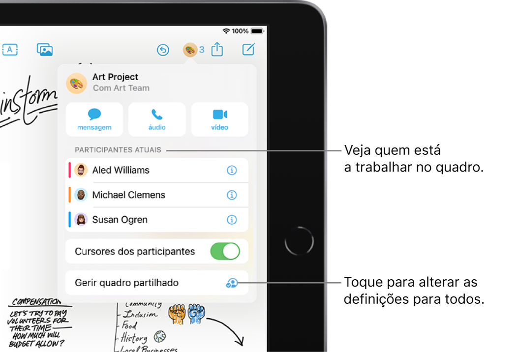 Um quadro partilhado com o menu de colaboração visível.