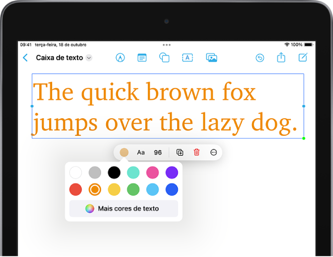 Texto selecionado com as ferramentas de formatação visíveis por baixo num quadro do Freeform.