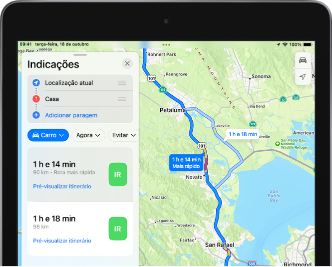 Um mapa com dois itinerários de carro mostrados na North Bay perto de São Francisco. O itinerário mais rápido é selecionado.