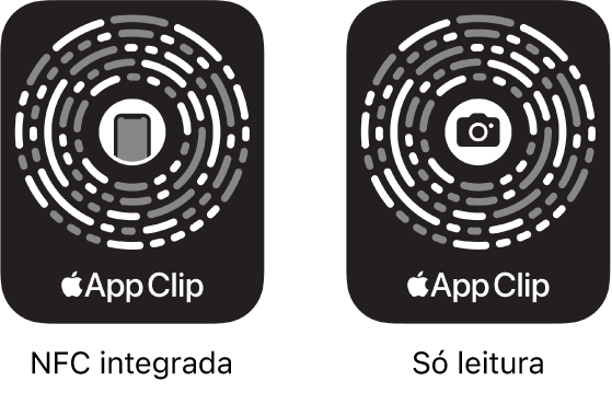 À esquerda, um código de App Clip NFC integrado, com um ícone do iPhone no centro. À direita, um código de App Clip de leitura, com um ícone de um câmara no centro.