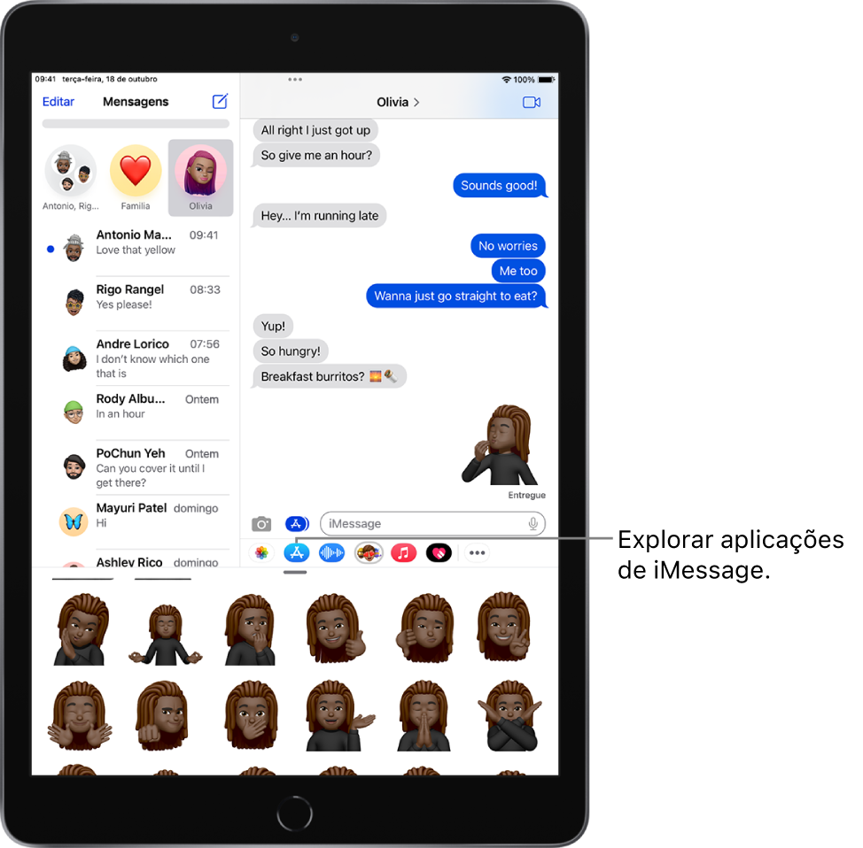Uma conversa na aplicação Mensagens com o ícone da aplicação para iMessage Memoji selecionado e stickers de Memoji na parte inferior do ecrã.