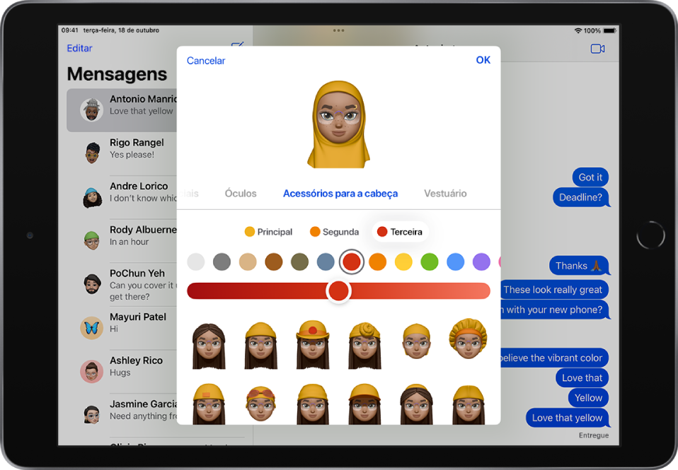 Ecrã de Memoji que mostra a personagem a ser criada no meio, funcionalidades de personalização por baixo da personagem e, por baixo disso, opções para a funcionalidade selecionada. No canto superior direito está o botão OK e no canto superior esquerdo está o botão Cancelar.
