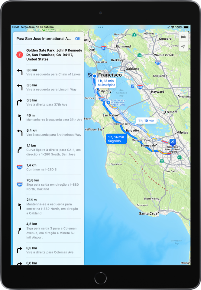 Indicações passo a passo e um mapa com dois itinerários de carro do Golden Gate Park até ao Aeroporto Internacional de San José. O itinerário sugerido é selecionado.