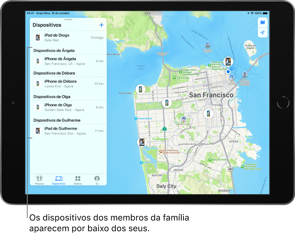 O separador “Dispositivos” na aplicação Encontrar. iPad de Diogo está na parte superior da lista. Por baixo encontram-se os dispositivos de Ângela, Débora, Olga e Guilherme.