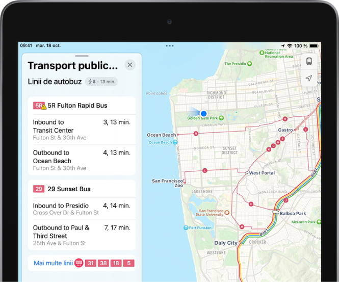 O hartă afișând principalele linii de transport. O fișă Transport public în apropiere din stânga afișează patru linii sugerate.