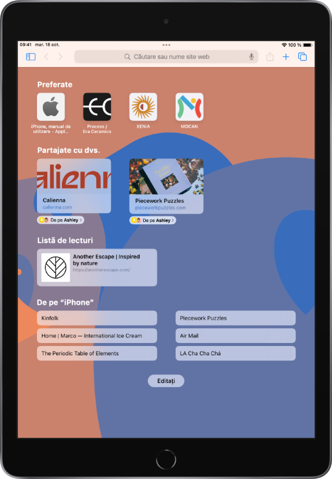 Pagina de pornire din Safari, care afișează site-urile preferate, cele partajate cu dvs., salvate în lista de lecturi și deschise pe celelalte dispozitive Apple ale dvs. În partea de jos a ecranului se află butonul Editați.