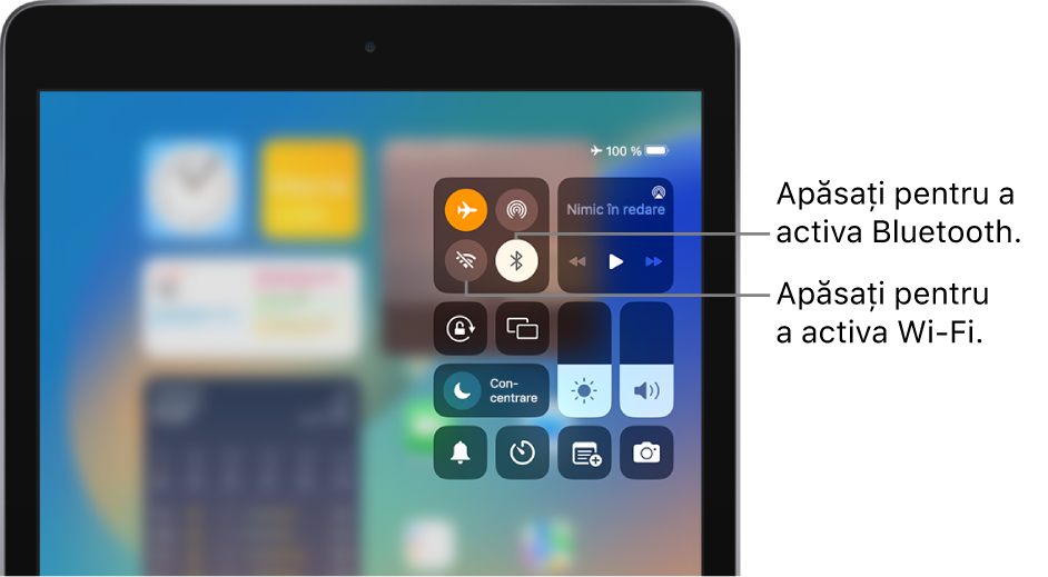 Centrul de control cu modul Avion activat. Butoanele pentru activarea conexiunilor Wi-Fi și Bluetooth se află în apropierea colțului din stânga sus al centrului de control.