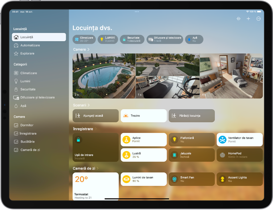 Ecranul Locuința dvs. din aplicația Locuință, afișând, de sus în jos: Camere video, Scenarii, Intrare și Sufragerie.