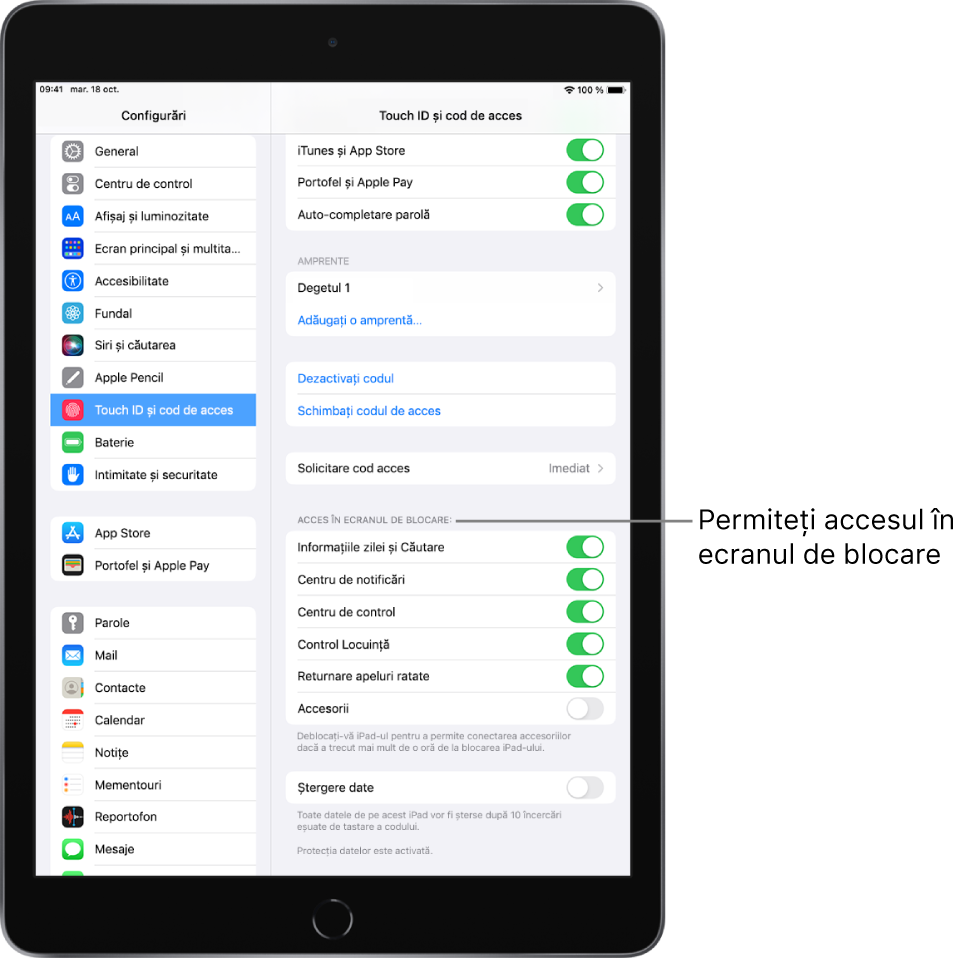 Configurările Touch ID și cod de acces, cu opțiuni pentru permiterea accesului la anumite funcționalități când iPad‑ul este blocat.