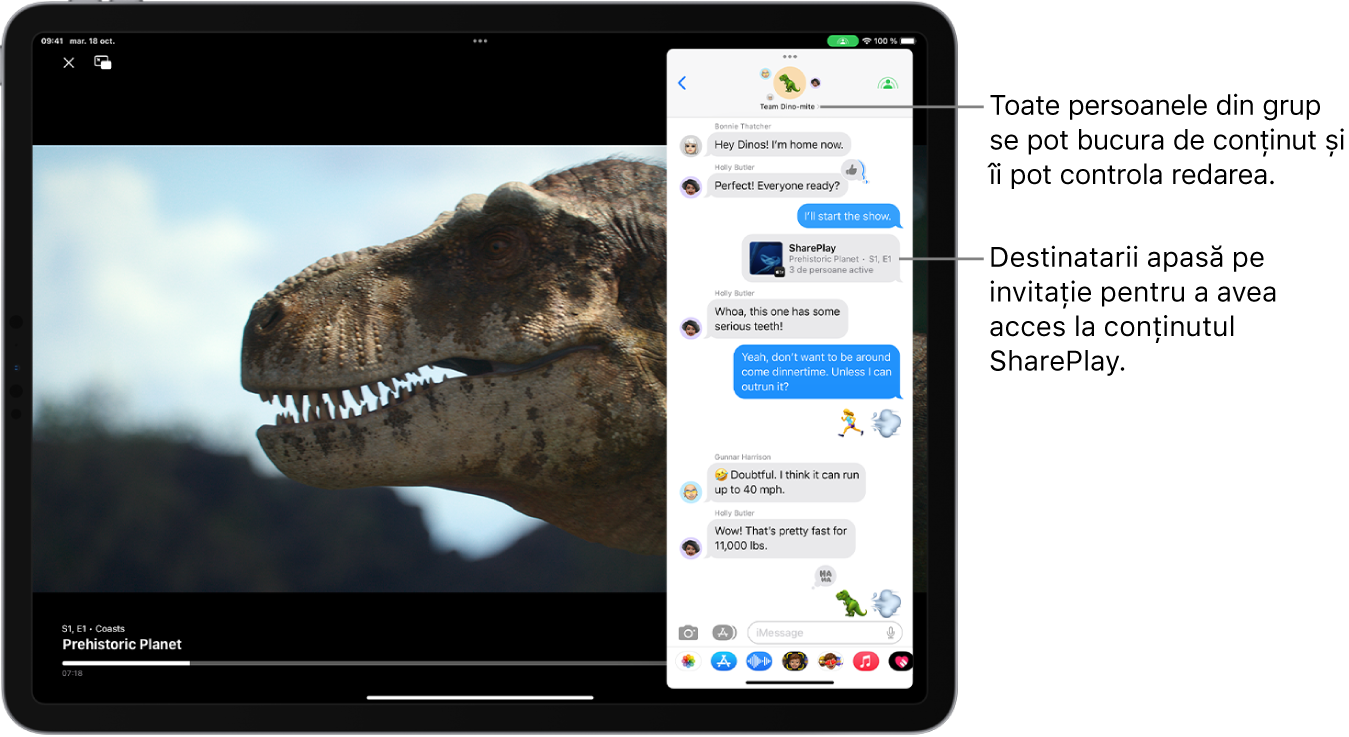 Un clip video este în curs de redare pe ecranul iPad-ului. În partea de sus a clipului video este o conversație Mesaje de grup, care include o invitație SharePlay, pentru ca toți cei din grup să poată viziona și interacționa cu clipul video.