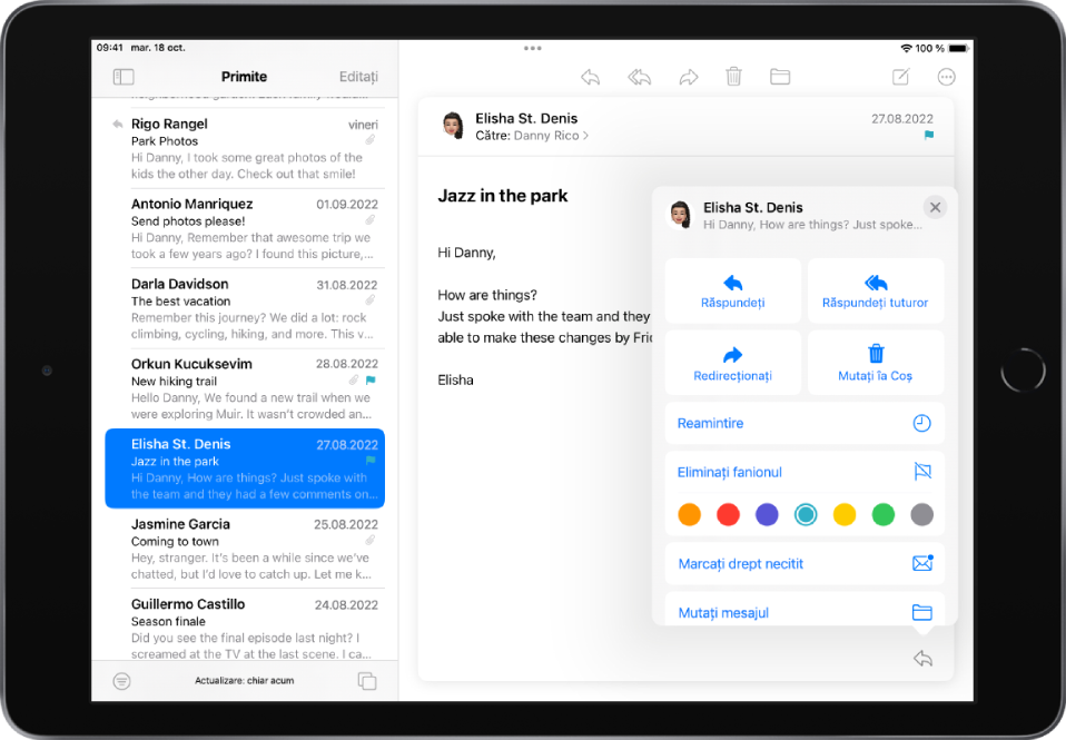 Un e-mail deschis. Meniul cu opțiuni pentru adăugarea sau eliminarea unui fanion este afișat în dreapta.