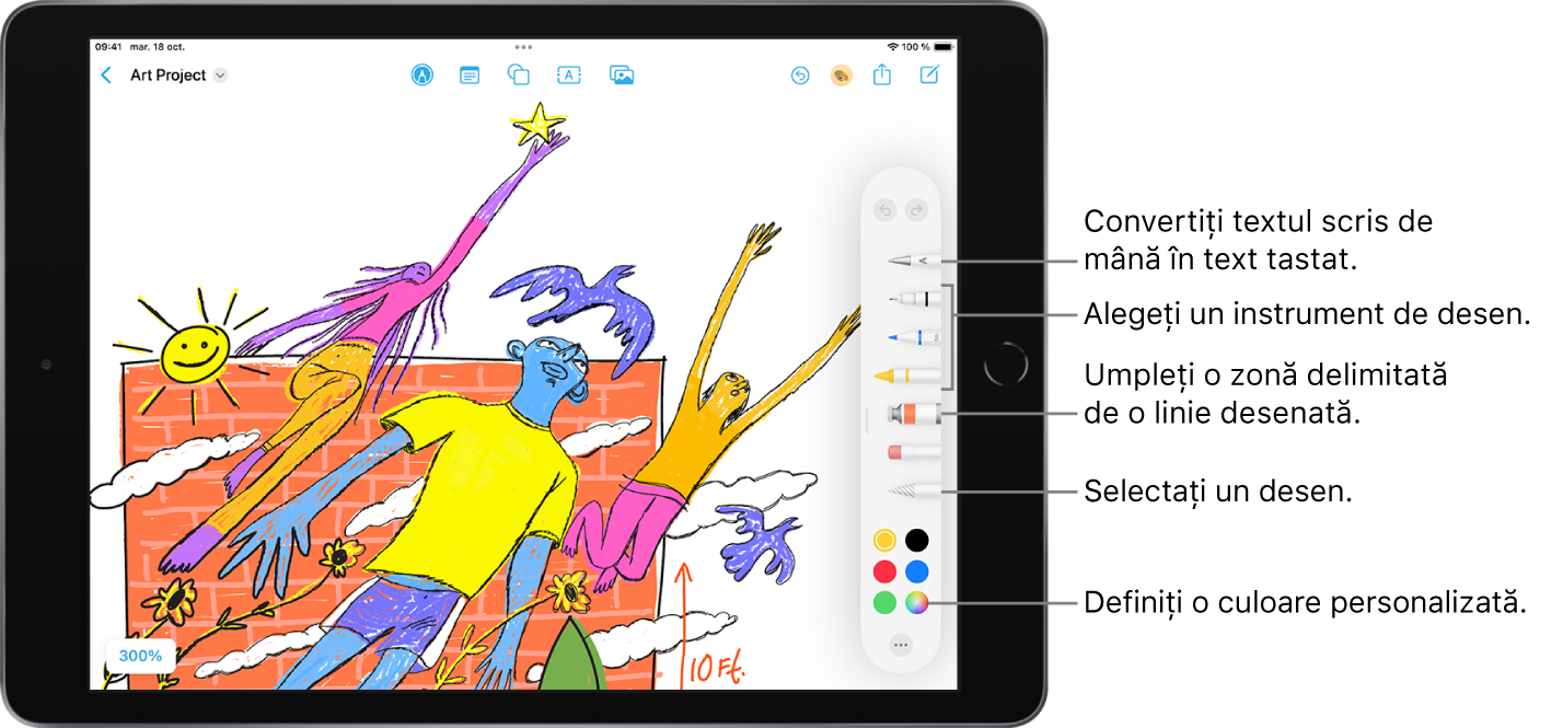 Un panou Freeform cu instrumentele de desen vizibile. Puteți să selectați instrumentul pentru scrierea de mână pentru a transforma scrisul de mână în text tastat, să alegeți un instrument de desen, să umpleți o zonă încadrată de o linie desenată, să selectați un desen și să definiți o culoare personalizată.