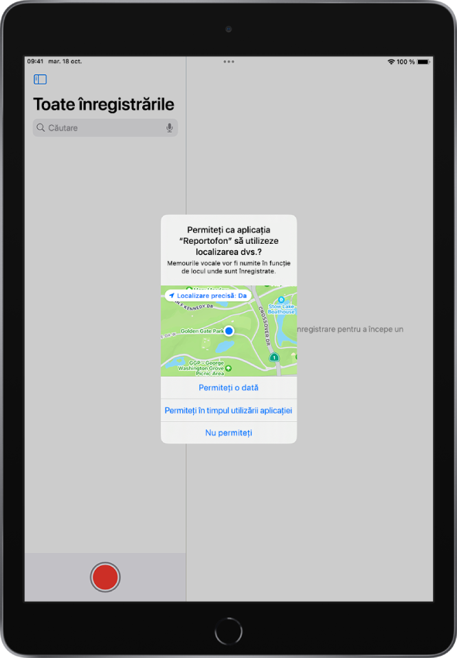 O solicitare din partea unei aplicații pentru a utiliza datele de localizare pe iPad. Opțiunile disponibile sunt: Permiteți o dată, Permiteți în timpul utilizării aplicației și Nu permiteți.