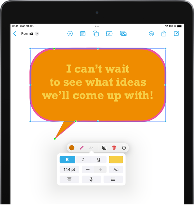 O formă „balon de vorbire” selectată cu instrumente de formatare și puncte verzi și albastre vizibile. Un meniu pop-up cu opțiuni de formatare a textului apare sub instrumentele de formatare.